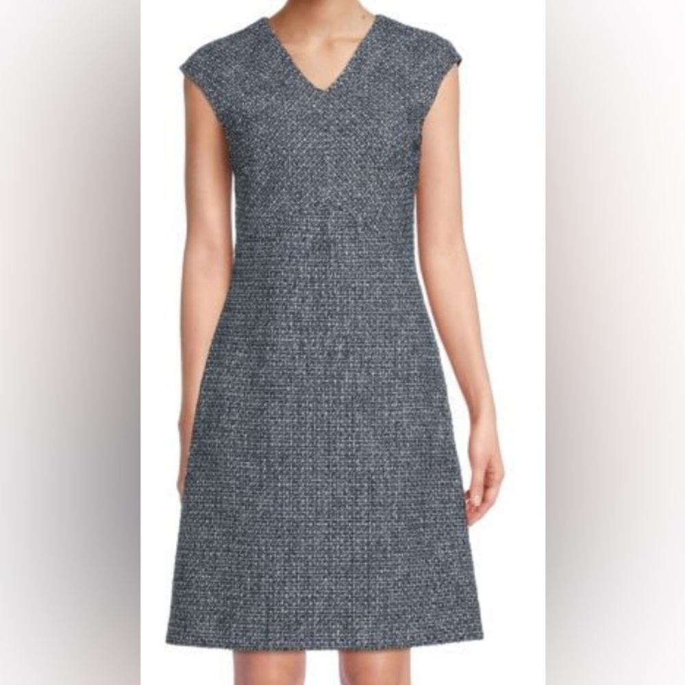 St. John‎ Tweed V-Neck A-Line Dress Black Blue Size 6 NWT